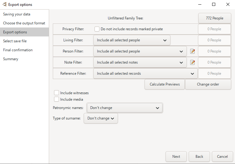 Defaults shown in Export Assistant's - Export options - tab