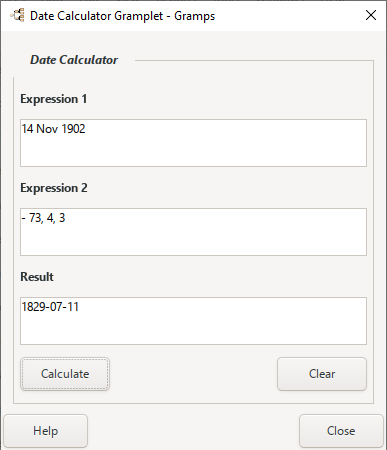 Date Calculator Gramplet - Example results